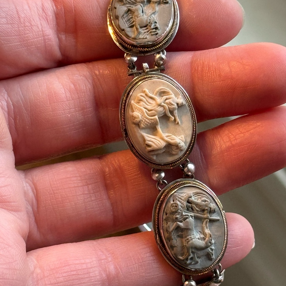 Antique Bracelet Stone Cameo 800 Silver Victorian Lava RARE Seven Days Chariots - Picture 13 of 14